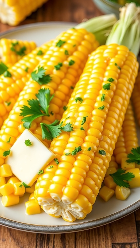 Garlic butter corn on the cob served on a plate, garnished with parsley.